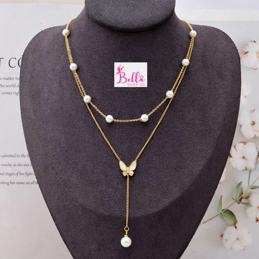 AFE1BC86-E36B-45E6-95C1-32A54A7DDFE9.jpeg Collier 2 Étages Papillon & Perles (acier inoxydable) – Image 1