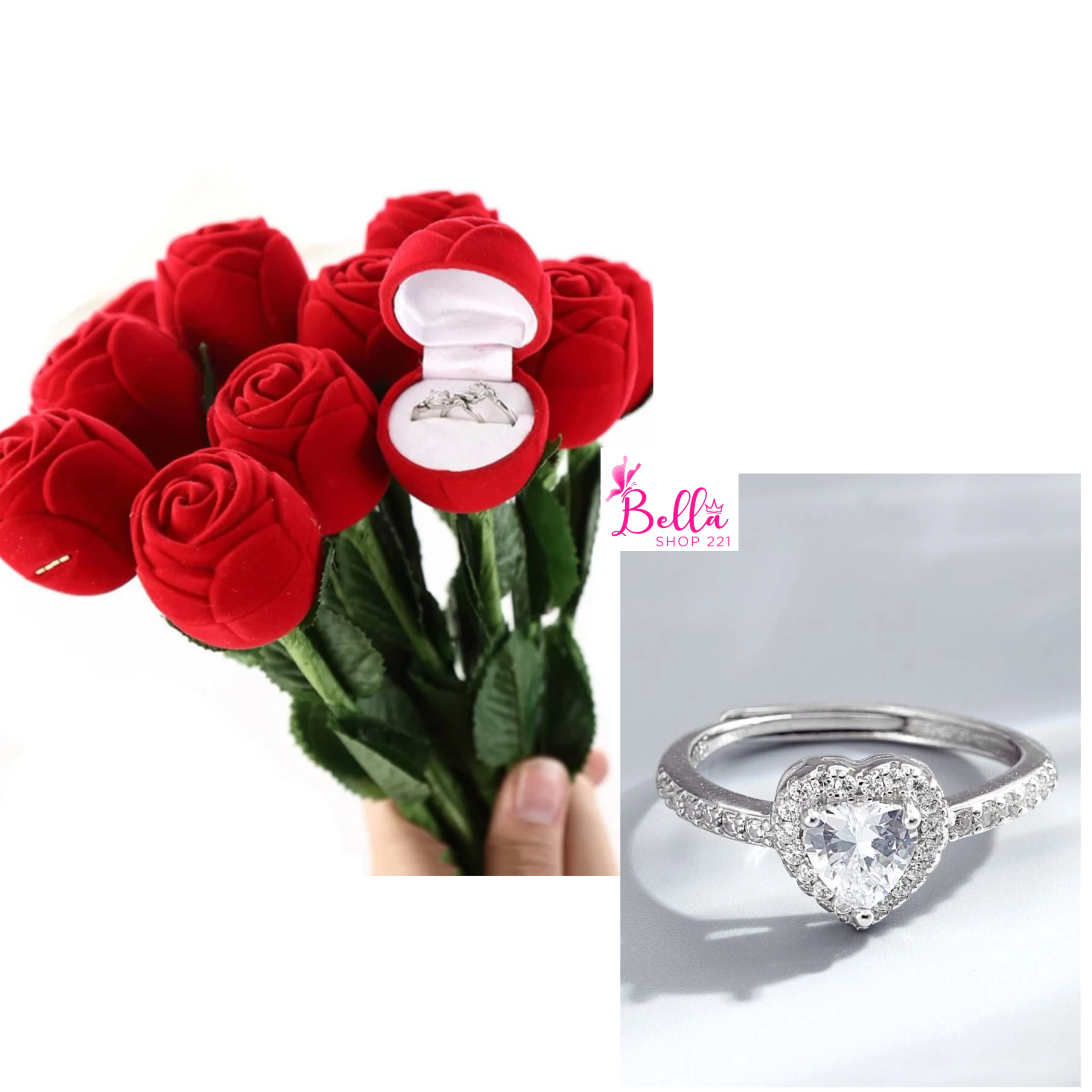 632c7236-cb04-4a03-a8ad-6f8bae123cca Lot de Bague Coeur en argent 925 importé & zircon avec 1 boîte en forme de rose – Image 1