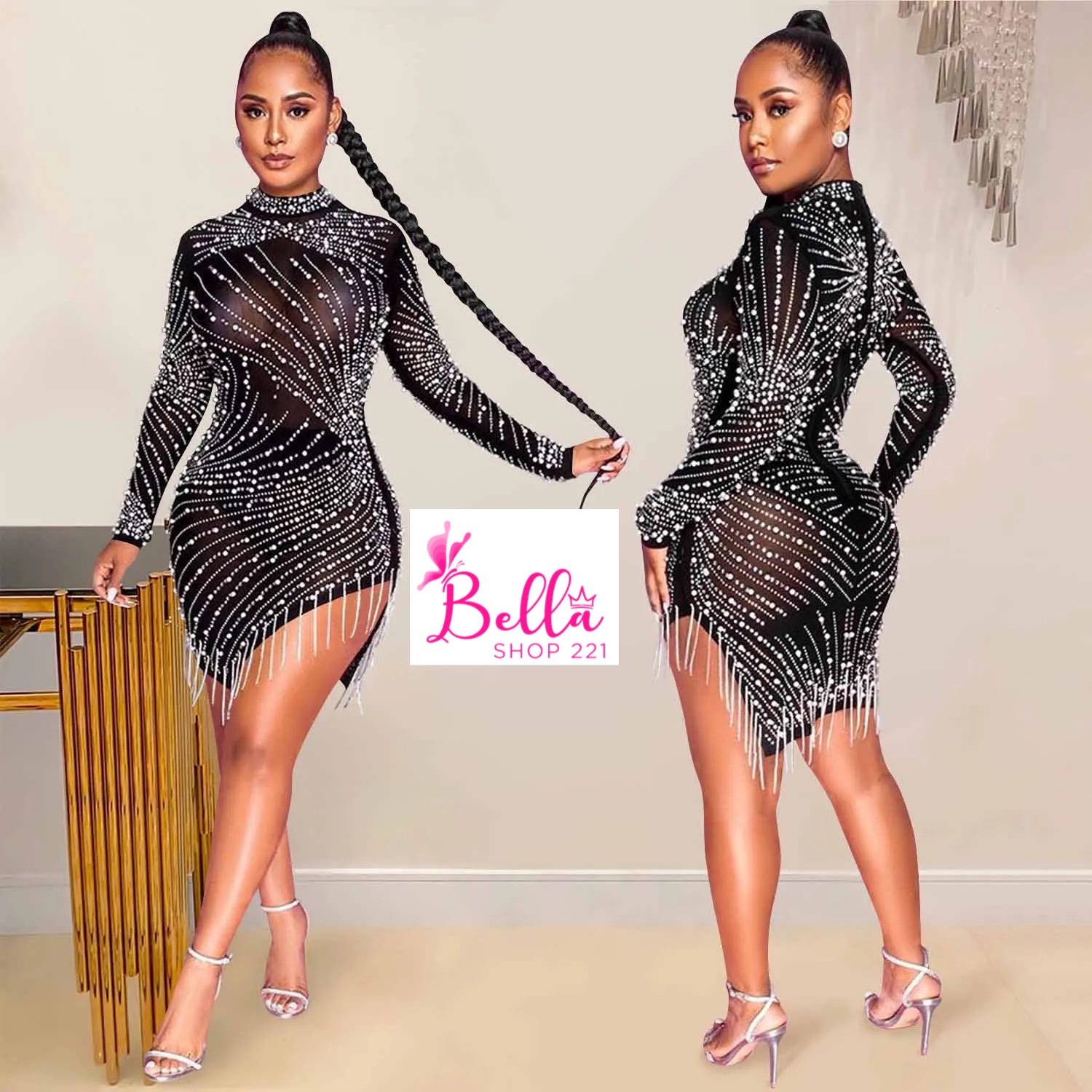 35946926-b0c6-4ace-831d-c61048aed7fc Mini luxury Dress avec strass & perles - noir blanc – Image 1