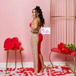 Robe avec partie en tulle (strass & perles) - rouge – Image 4