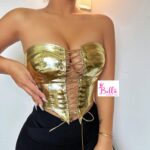 Crop top bustier avec lacets - doré métallique – Image 4