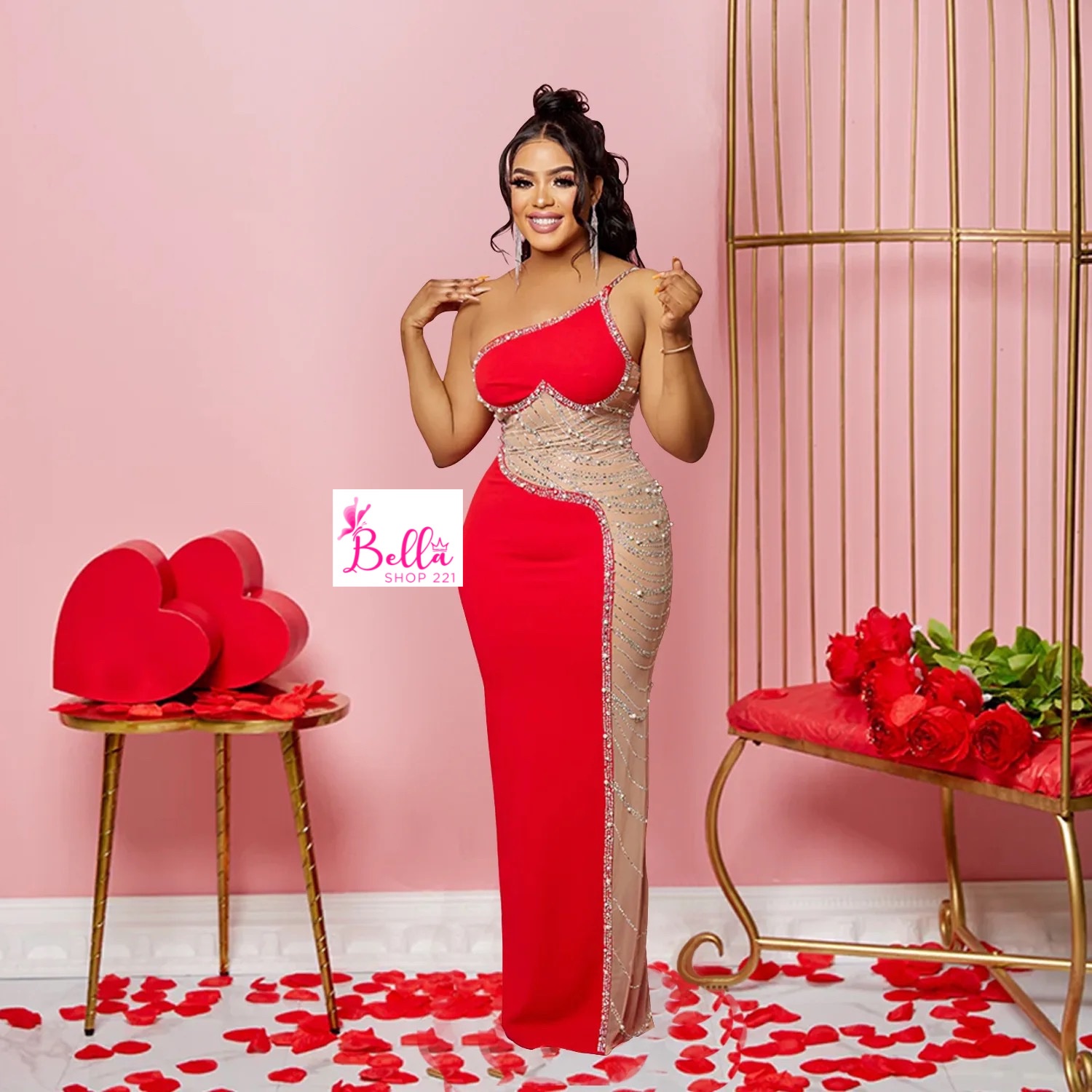 b6928bed-4848-4180-89c4-0ed53464aa43 Robe avec partie en tulle (strass & perles) - rouge – Image 1