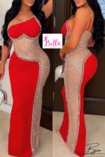 Robe avec partie en tulle (strass & perles) - rouge – Image 2