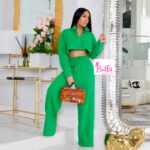 Ensemble pantalon large & chemise crop top - Vert
