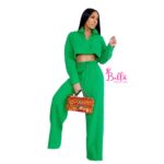 Ensemble pantalon large & chemise crop top - Vert – Image 3