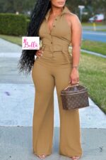 Combinaison bas large avec ceinture - beige – Image 4
