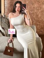 Robe asymétrique avec fente - beige – Image 3