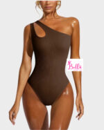 Bodysuit côtelé asymétrique et gainant - marron – Image 2