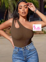 Bodysuit côtelé asymétrique et gainant - marron – Image 3