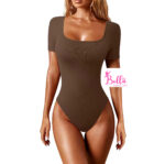 Bodysuit côtelé gainant avec un col carré et des manches courtes - marron