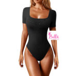 Bodysuit côtelé gainant avec un col carré et des manches courtes - noir