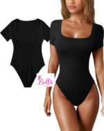 Bodysuit côtelé gainant avec un col carré et des manches courtes - noir – Image 4