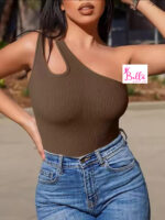 Bodysuit côtelé asymétrique et gainant - marron – Image 4