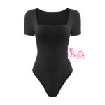 Bodysuit côtelé gainant avec un col carré et des manches courtes - noir – Image 6