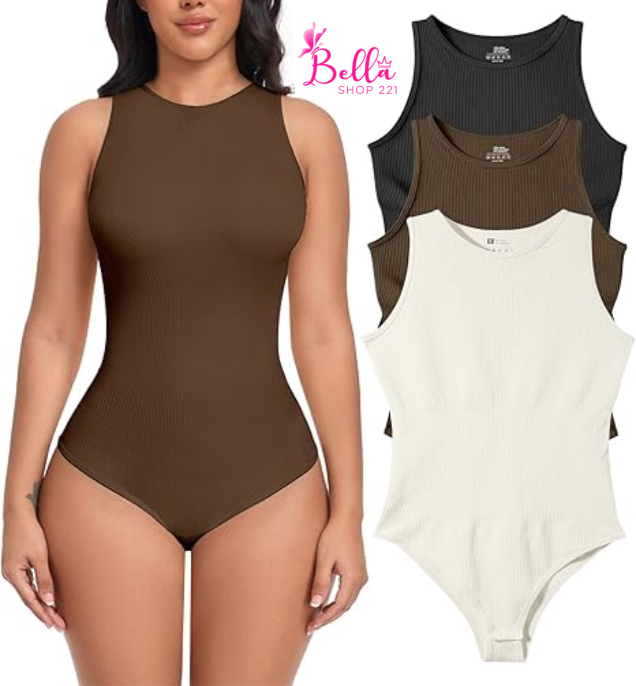 B5BF1851-C6E3-418A-81AA-AD4B90E0AC52 Bodysuit côtelé gainant avec un col américain - marron – Image 1