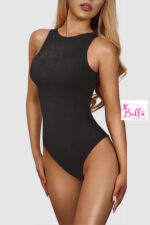 Bodysuit côtelé gainant avec un col américain - noir – Image 2