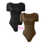 Bodysuit côtelé gainant avec un col carré et des manches courtes - noir – Image 7