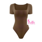 Bodysuit côtelé gainant avec un col carré et des manches courtes - marron – Image 4