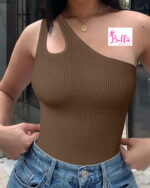 Bodysuit côtelé asymétrique et gainant - marron – Image 5
