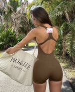 Combi short côtelé dos nu et gainant - marron – Image 2