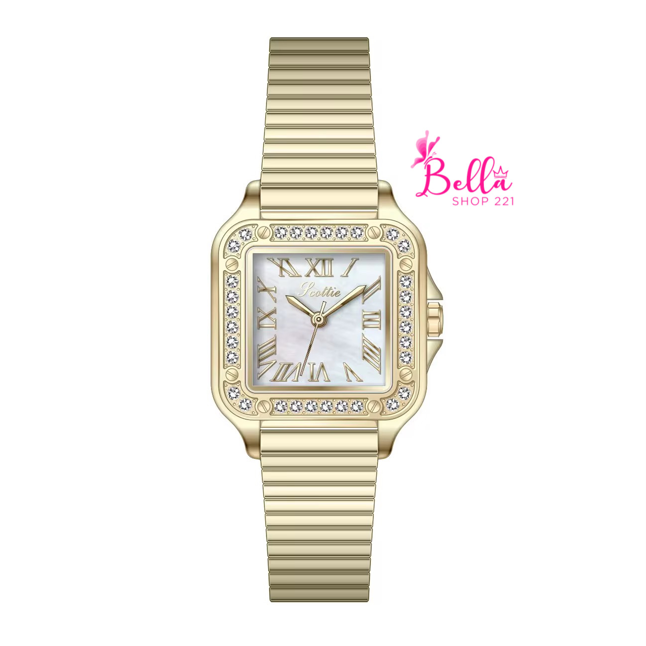 12525fc2-71c2-4af4-b1a0-1b837a682e6f Montre Scottie - blanc multicolore et bande dorée (+ boîte + sac + ajusteur de bande) – Image 1