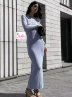 Robe moulante longue manche - bleu – Image 2