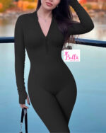 Combinaison côtelé et gainant avec une fermeture et des manches longues - noire – Image 5