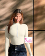 Bodysuit côtelé gainant avec une fermeture et des manches longues - beige – Image 3
