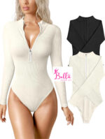 Bodysuit côtelé gainant avec une fermeture et des manches longues - beige