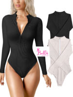 Bodysuit côtelé gainant avec une fermeture et des manches longues - noir