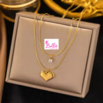 Collier superposé - cœur et strass (acier inoxydable)