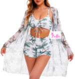 Ensemble Maillot de bain 3 pièces (short + haut + kimono) - vert blanc – Image 2