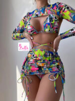 Ensemble Maillot de bain 4 pièces (bikini + jupe + longue manche) - multicolore