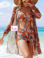Ensemble Maillot de bain 3 pièces (short + haut + kimono) - orange vert – Image 4