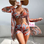 Ensemble Maillot de bain 3 pièces (short + haut + kimono) - orange vert