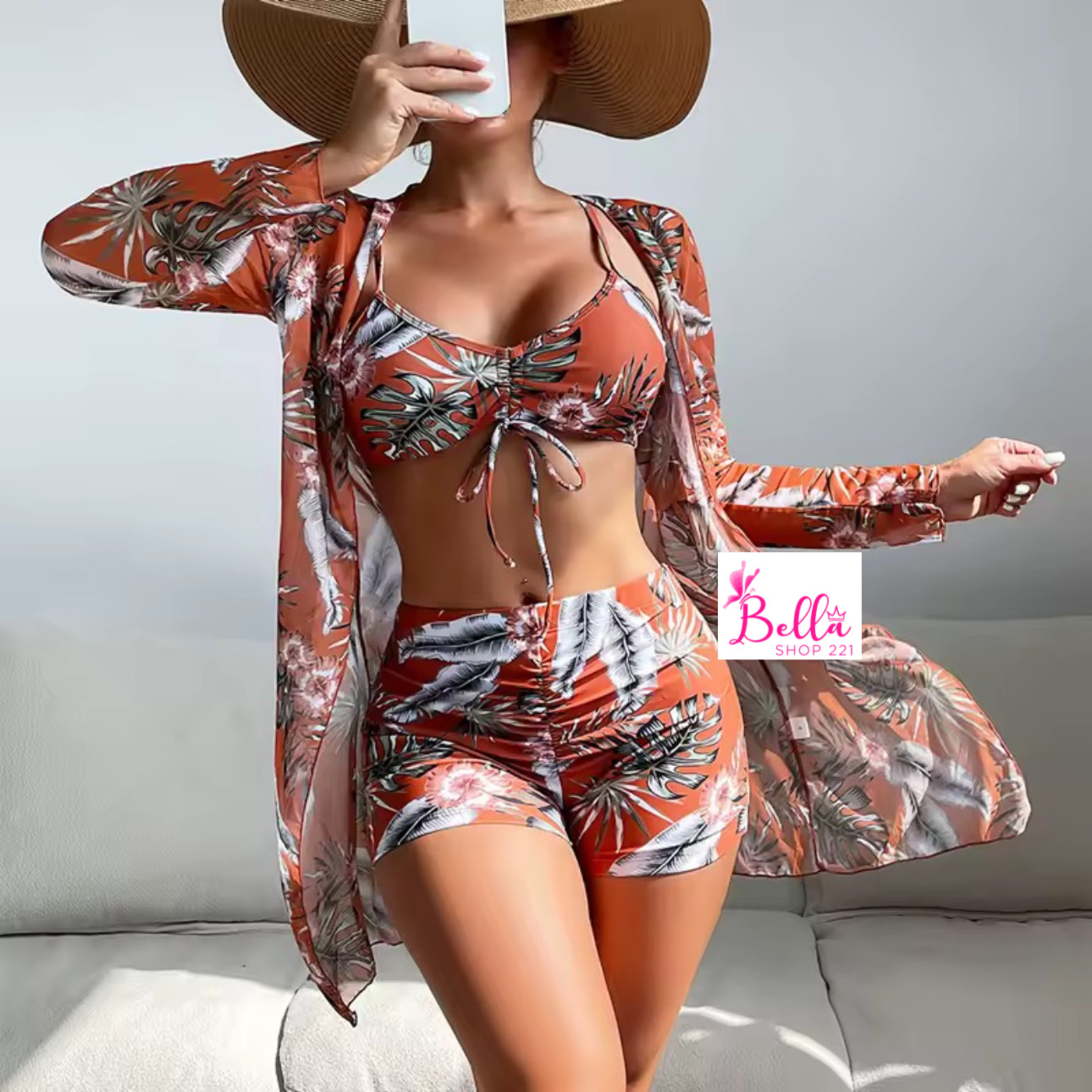 9cece02a-6ad2-43a4-a37b-118820224e7c Ensemble Maillot de bain 3 pièces (short + haut + kimono) - orange vert – Image 1