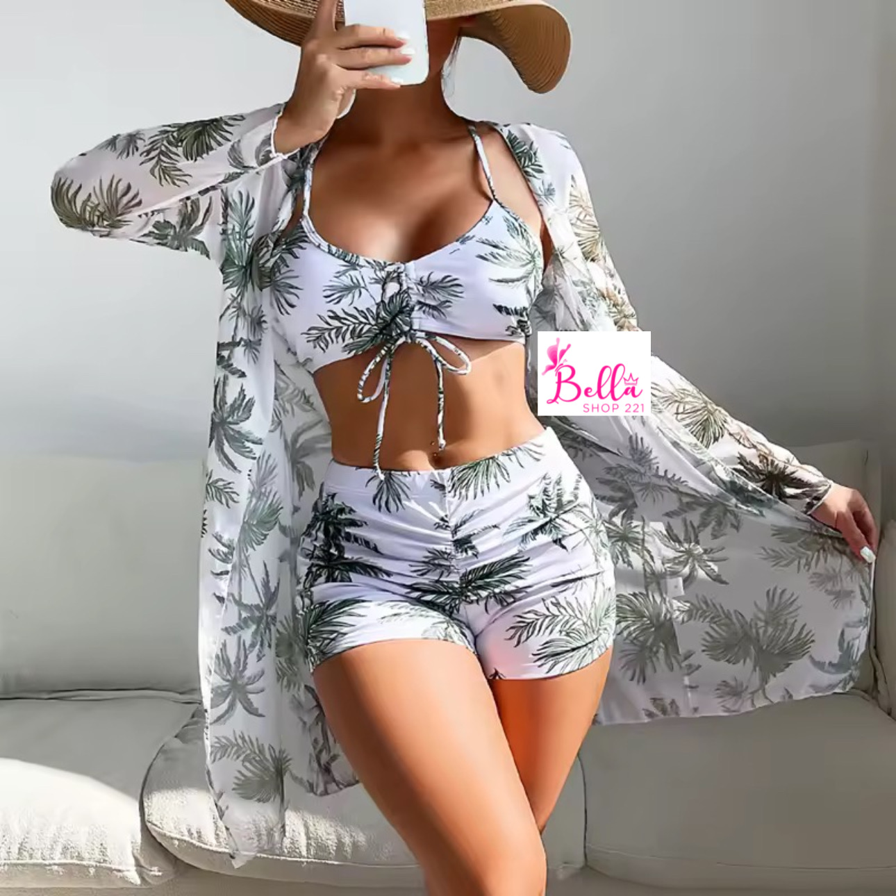 bb0dcf9e-b62a-4601-aea5-3a883f164323 Ensemble Maillot de bain 3 pièces (short + haut + kimono) - vert blanc – Image 1
