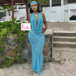 Ensemble jupe de plage + haut + foulard - bleu