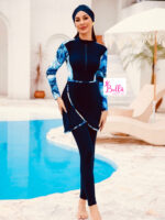 Ensemble Maillot de bain Burkini 4 pièces (maillot 1 pièce + legging + paréo + bonnet) -  bleu noir – Image 3