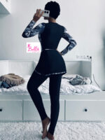 Ensemble Maillot de bain Burkini 4 pièces (maillot 1 pièce + legging + paréo + bonnet) -  bleu noir – Image 4