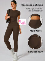 Ensemble Legging taille haute et T-Shirt seamless - marron – Image 2