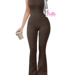 Combinaison débardeur côtelé et gainant avec un bas large - marron