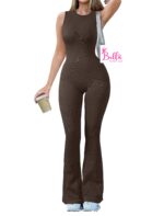 Combinaison débardeur côtelé et gainant avec un bas large - marron