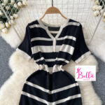 Robe Korean style et manches courtes - noire beige (Taille unique) – Image 3