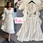 Robe plissée avec dentelle et ceinture - blanc cassé – Image 5