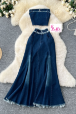 Ensemble jupe et haut bustier en jeans - bleu – Image 3
