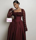 Robe avec manches en dentelle - rouge – Image 3