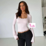 Haut crop top longues manches avec dentelle - rose – Image 2