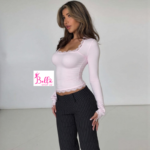 Haut crop top longues manches avec dentelle - rose – Image 3
