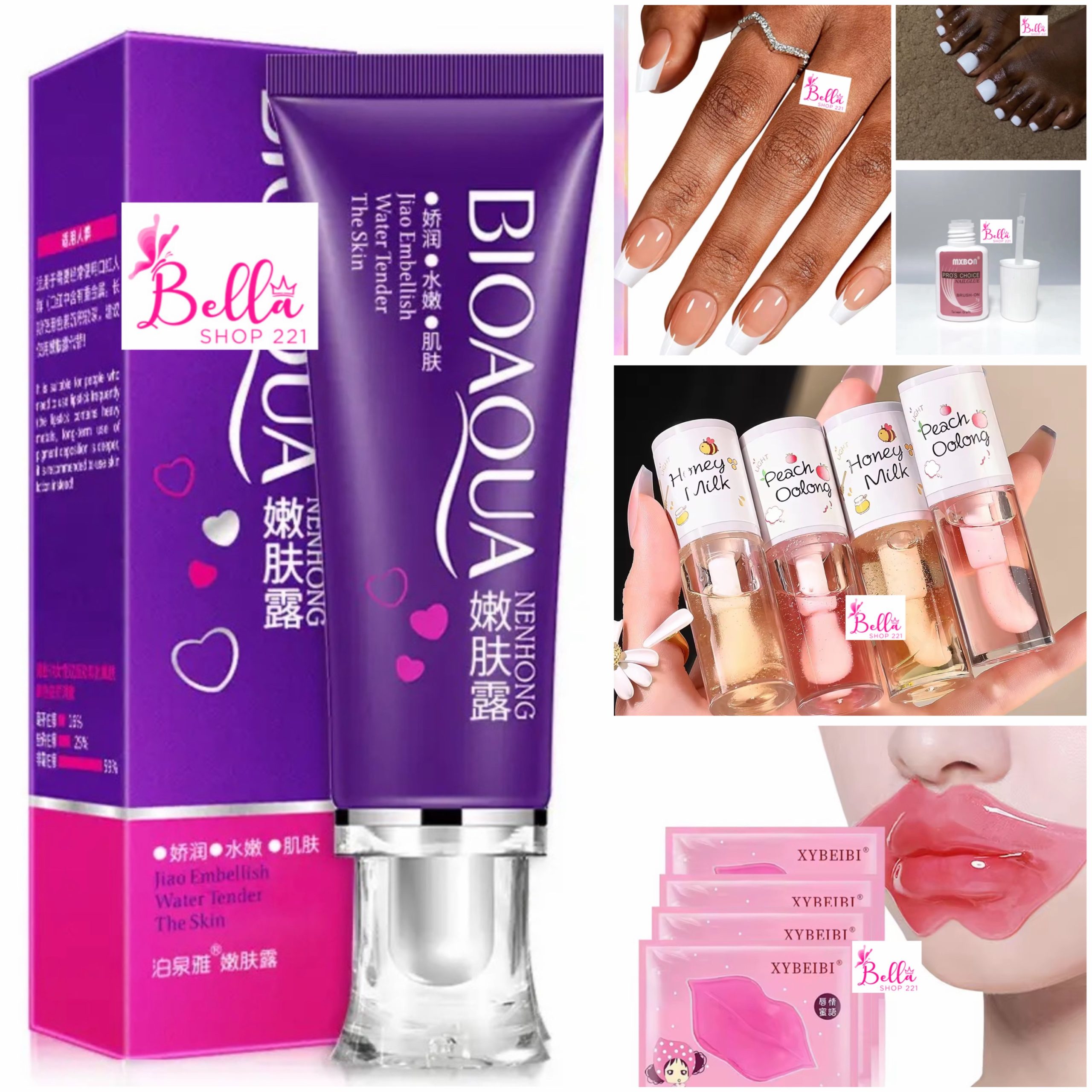 43dc1a98-fb4d-4a3a-9a0f-ea6de67bc737 Pack complet beauté - 1 paquet de faux ongles mains et pieds + la colle ongle + 1 gloss bioaqua et lip tint + 3 masques à lèvre + 2 huiles à lèvre (pêche et lait de miel) – Image 1